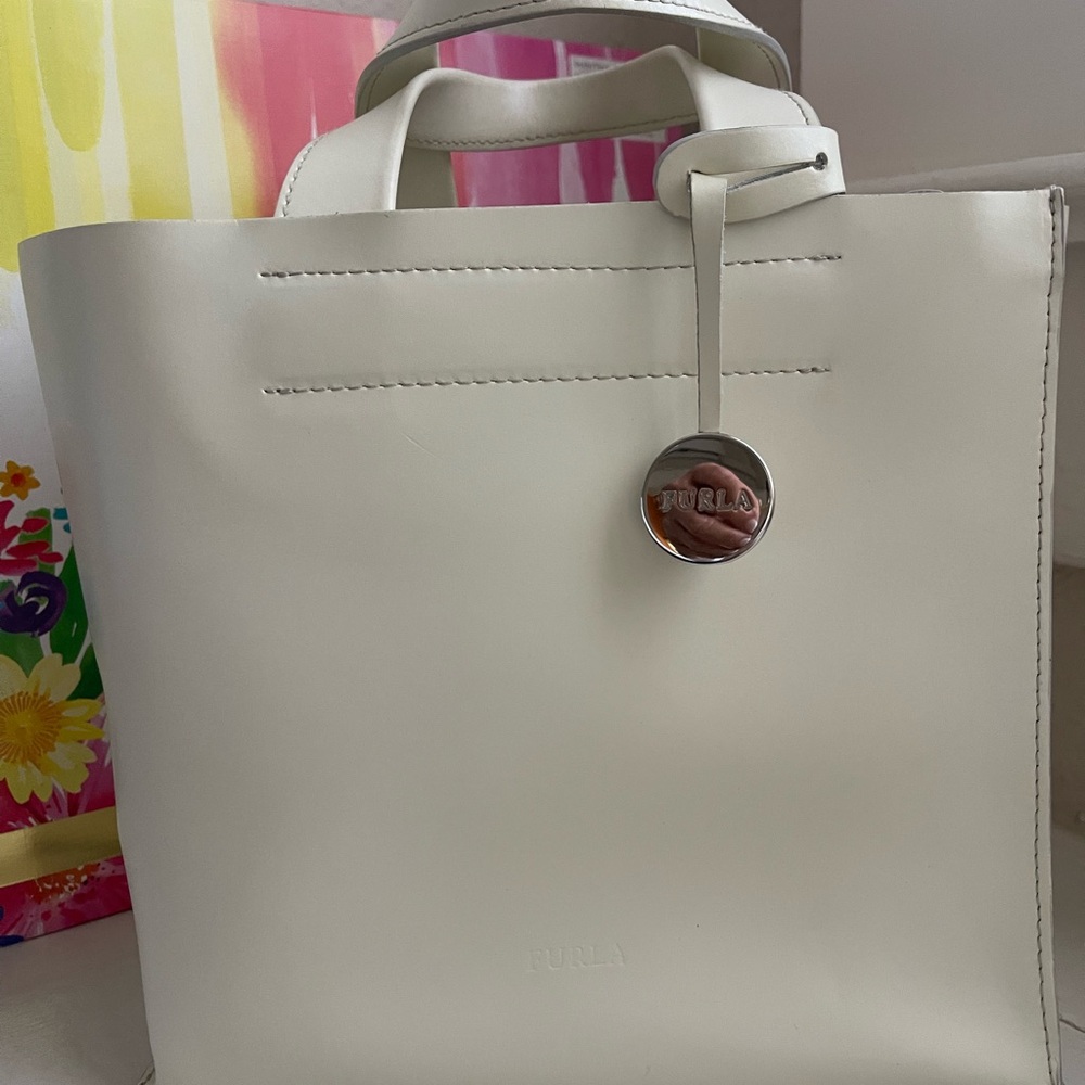 Furla White Leather Tote with Silver Charm
